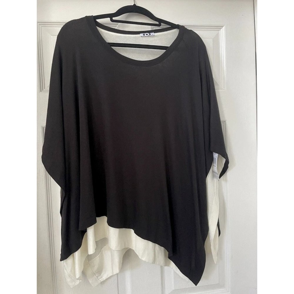 Three Dots Womens Layered Poncho Ivory Black Sz Xs/Small